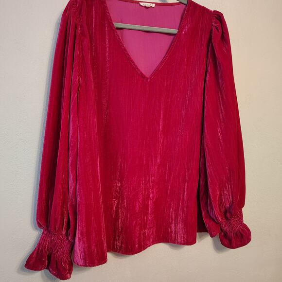 JODIFL Tops - Jodifl Velvet Blouse XL Hot Pink V Neck Puff Sleeve Shimmer Party Top